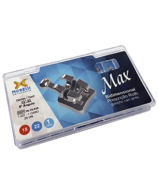 Kit de Bráquetes 01 caso Prescrição Roth Max Bidimensional .018"/.022"Can. 9° Ang.Gancho Can./Prés